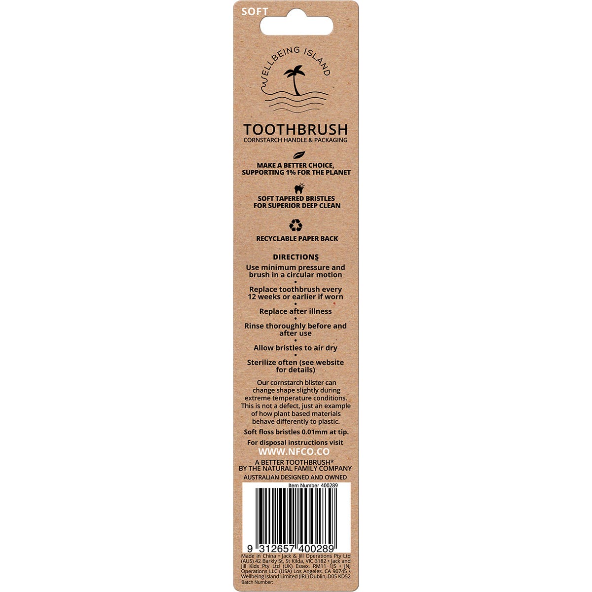Eight assorted NFco. Bio Toothbrushes with soft bristles and biodegradable handles in a 100% recyclable 8-pack.