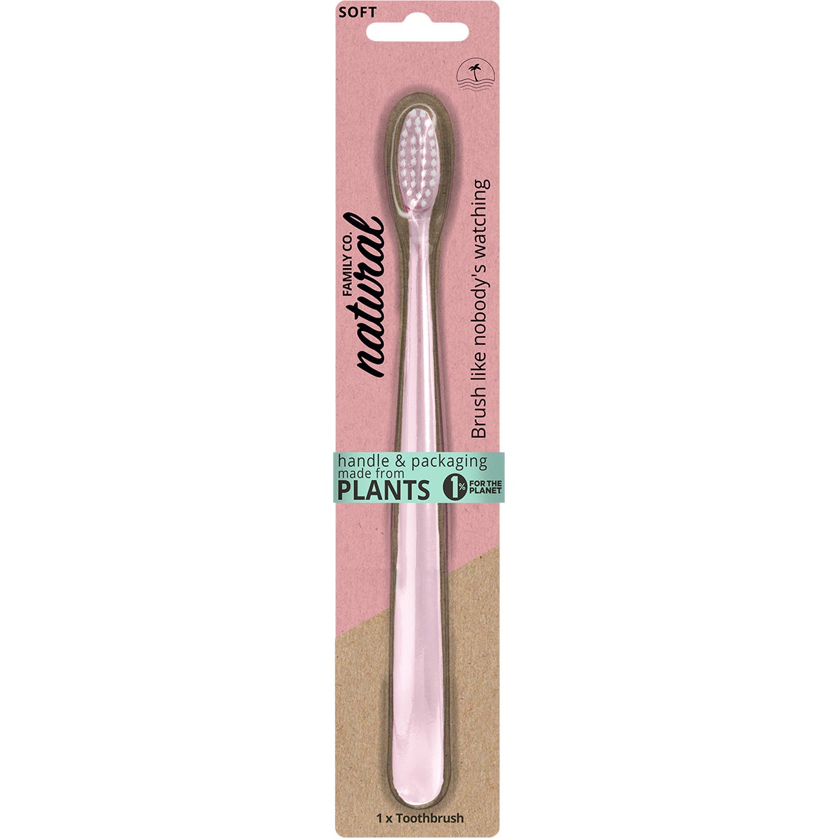 Side view of an 8-pack of NFco. Bio Toothbrushes showing the colorful biodegradable handles and recyclable packaging.