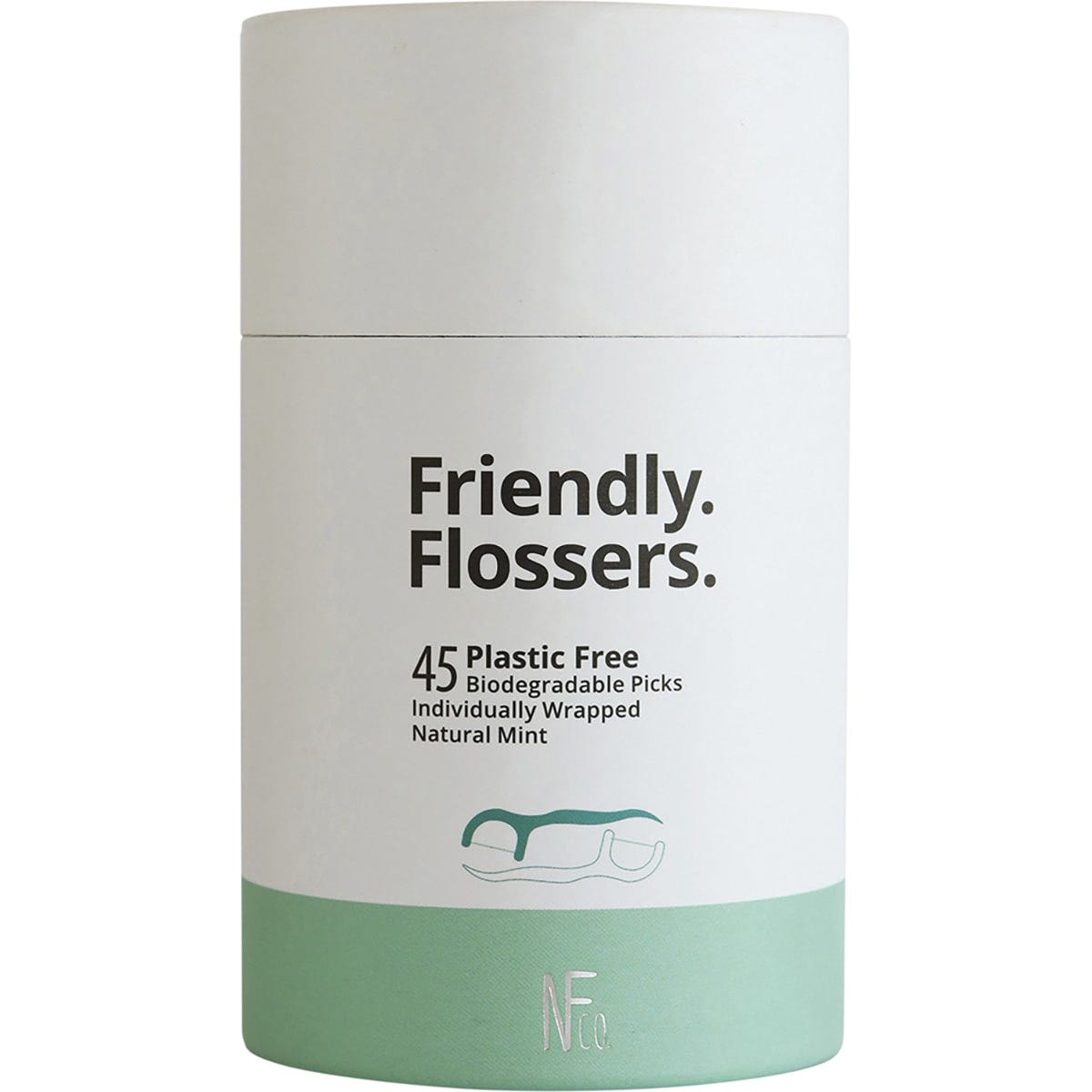 NFco Friendly Flossers box with 45 natural mint bio dental picks made from plastic-free cornstarch.