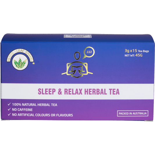 Nutri-Leaf Sleep and Relax Herbal Tea 15-pack box featuring a purple design with botanical illustrations.