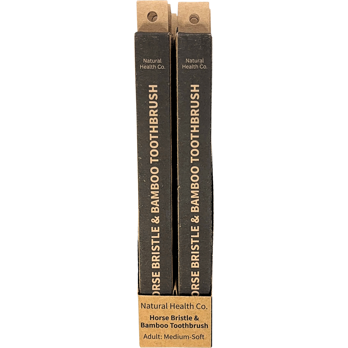 Two boxed horse bristle and bamboo toothbrushes standing upright on a white background, with the Natural Health Co. branding visible on the packaging.