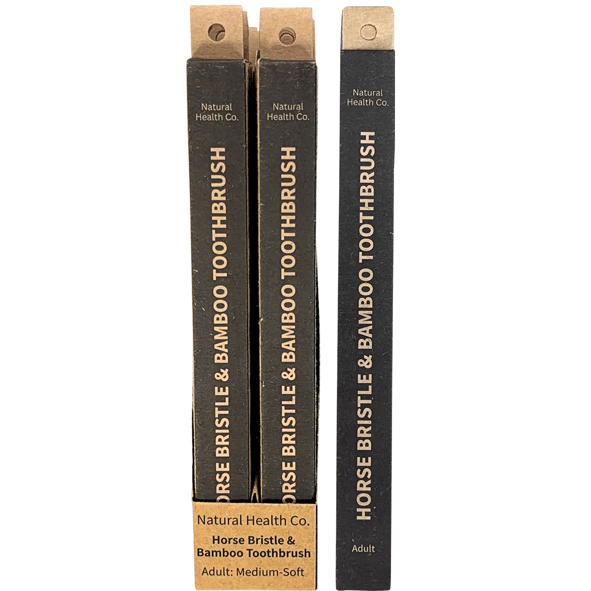 Three black horse bristle and bamboo toothbrush sticks with gold lettering, shown against a plain white background. The brand 'Natural Health Co.