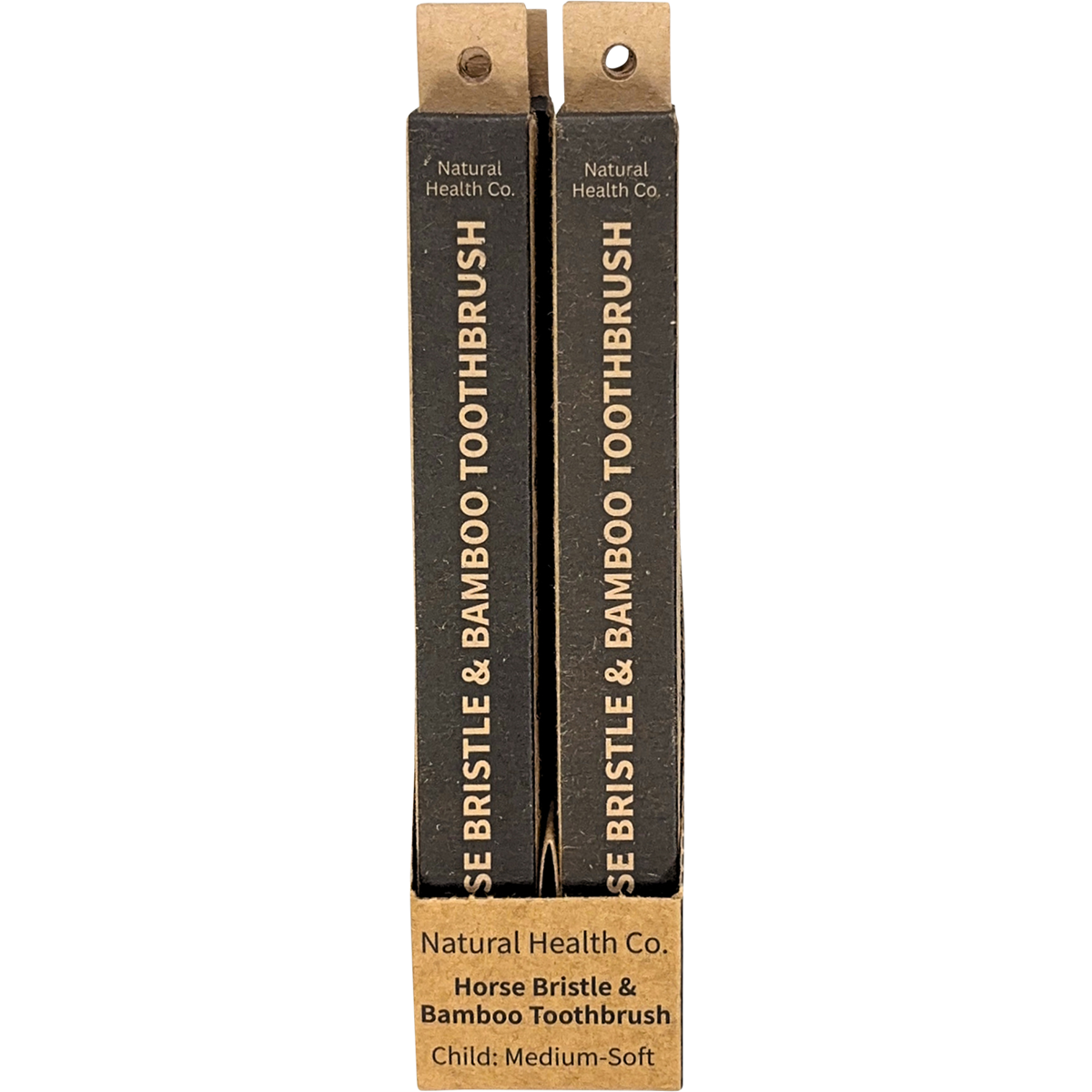 Two boxed horse bristle and bamboo toothbrushes from Natural Health Co. standing upright against a plain white background.