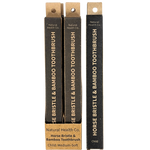 Three black toothbrush boxes standing upright on a white background, labeled Natural Health Co. Horse Bristle & Bamboo Toothbrush, with tan cardboard tops and bases.