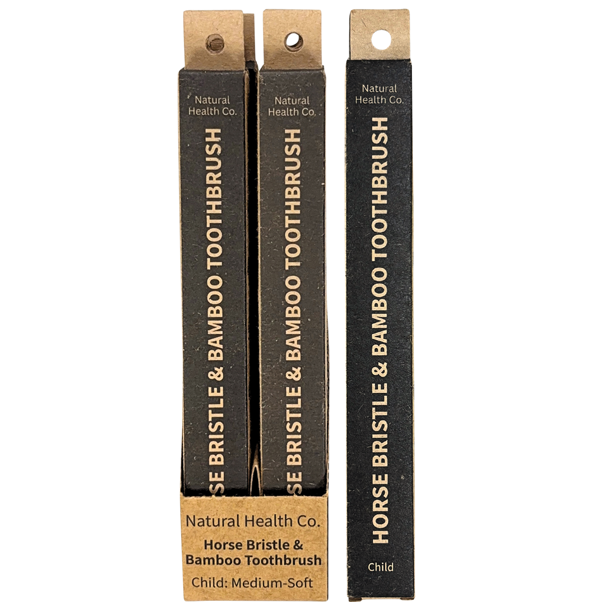 Three black toothbrush boxes standing upright on a white background, labeled Natural Health Co. Horse Bristle & Bamboo Toothbrush, with tan cardboard tops and bases.