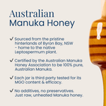 Infographic for Natural Life Australian Manuka Honey showing benefits for immunity, digestion, gut health, and vitality.