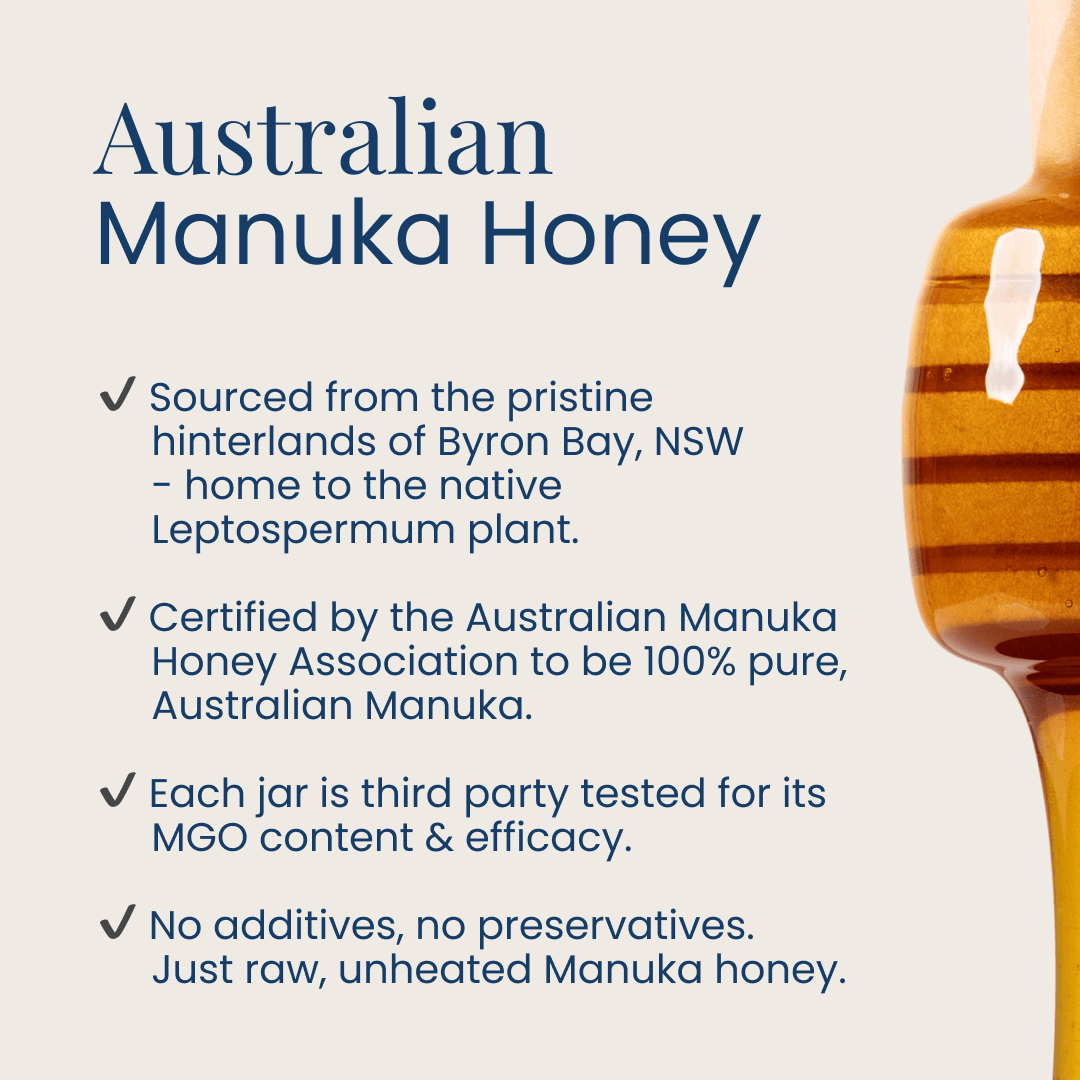 Infographic for Natural Life Australian Manuka Honey showing benefits for immunity, digestion, gut health, and vitality.