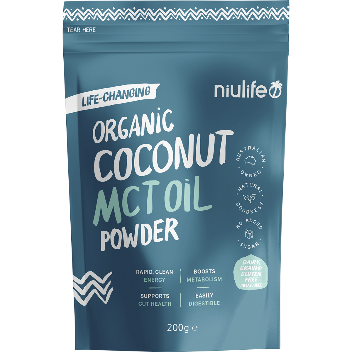 200g tub of Niulife Organic Coconut MCT Oil Powder with a white label and green coconut illustrations.