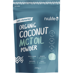 200g tub of Niulife Organic Coconut MCT Oil Powder with a white label and green coconut illustrations.