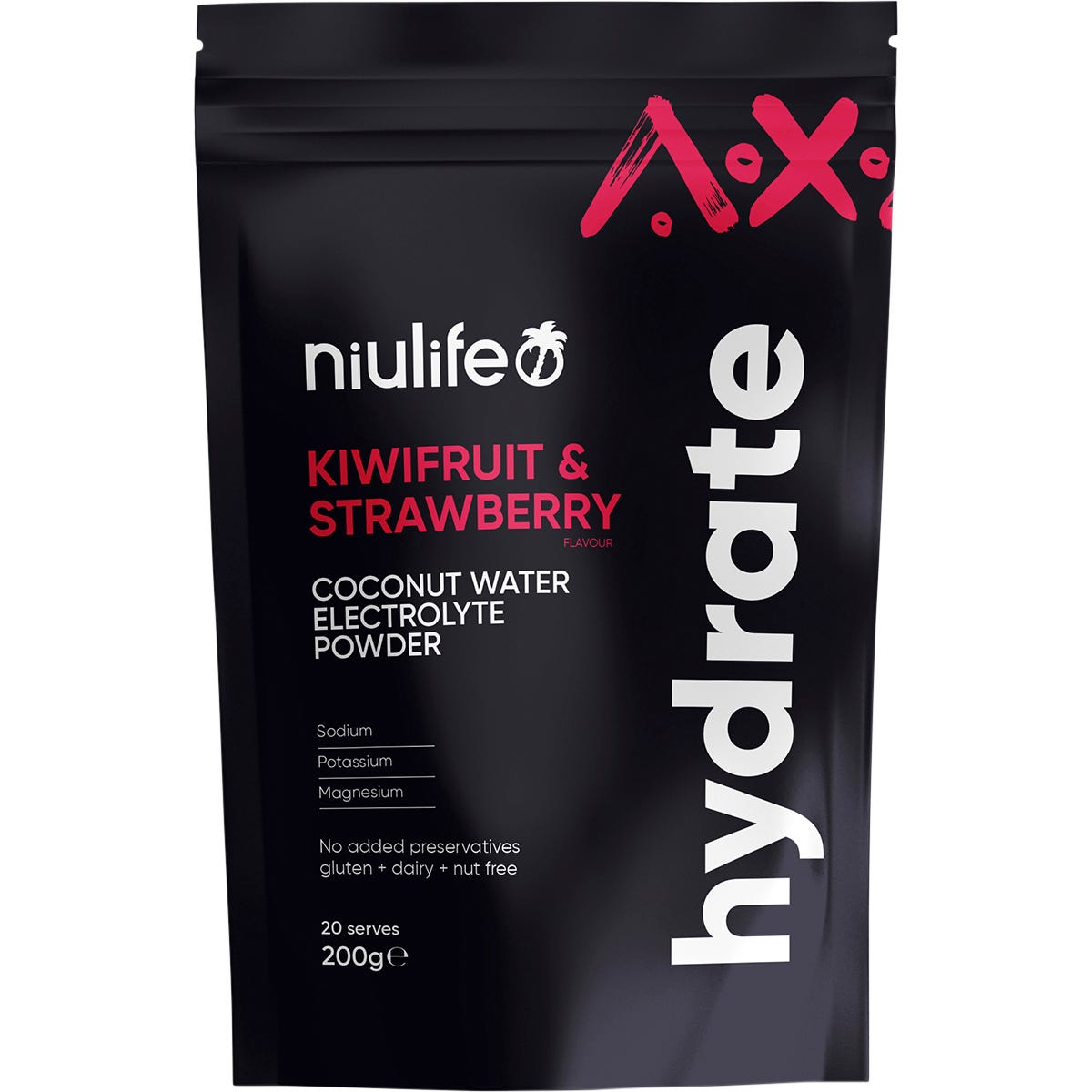 Niulife Hydrate Kiwifruit and Strawberry electrolyte powder 200g tub with coconut water and magnesium.