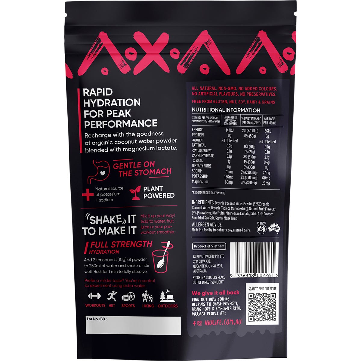Nutrition facts and ingredients on the back of Niulife Hydrate Kiwifruit & Strawberry electrolyte powder.