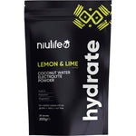 200g tub of Niulife Hydrate Electrolyte Powder Lemon & Lime with coconut water and essential minerals.