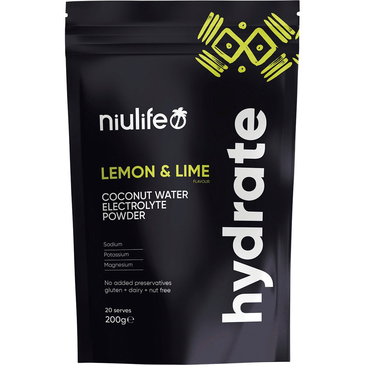 200g tub of Niulife Hydrate Electrolyte Powder Lemon & Lime with coconut water and essential minerals.