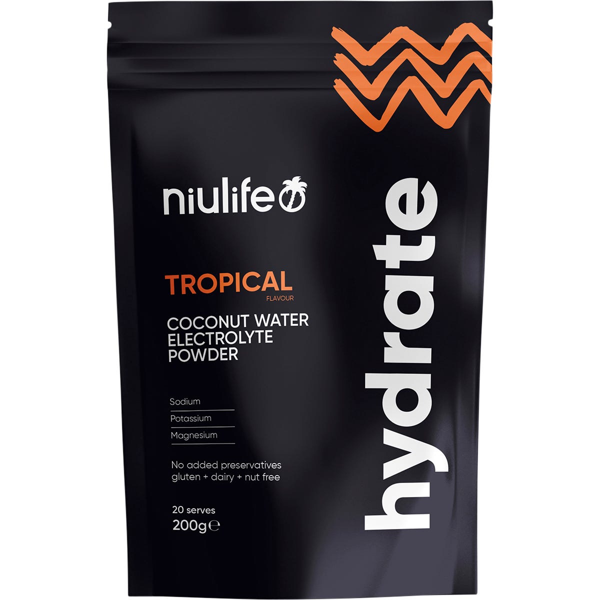 200g tub of Niulife Hydrate Electrolyte Powder Tropical with organic coconut water and tropical fruit illustrations.
