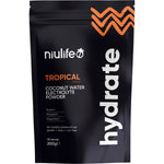 200g tub of Niulife Hydrate Electrolyte Powder Tropical with organic coconut water and tropical fruit illustrations.