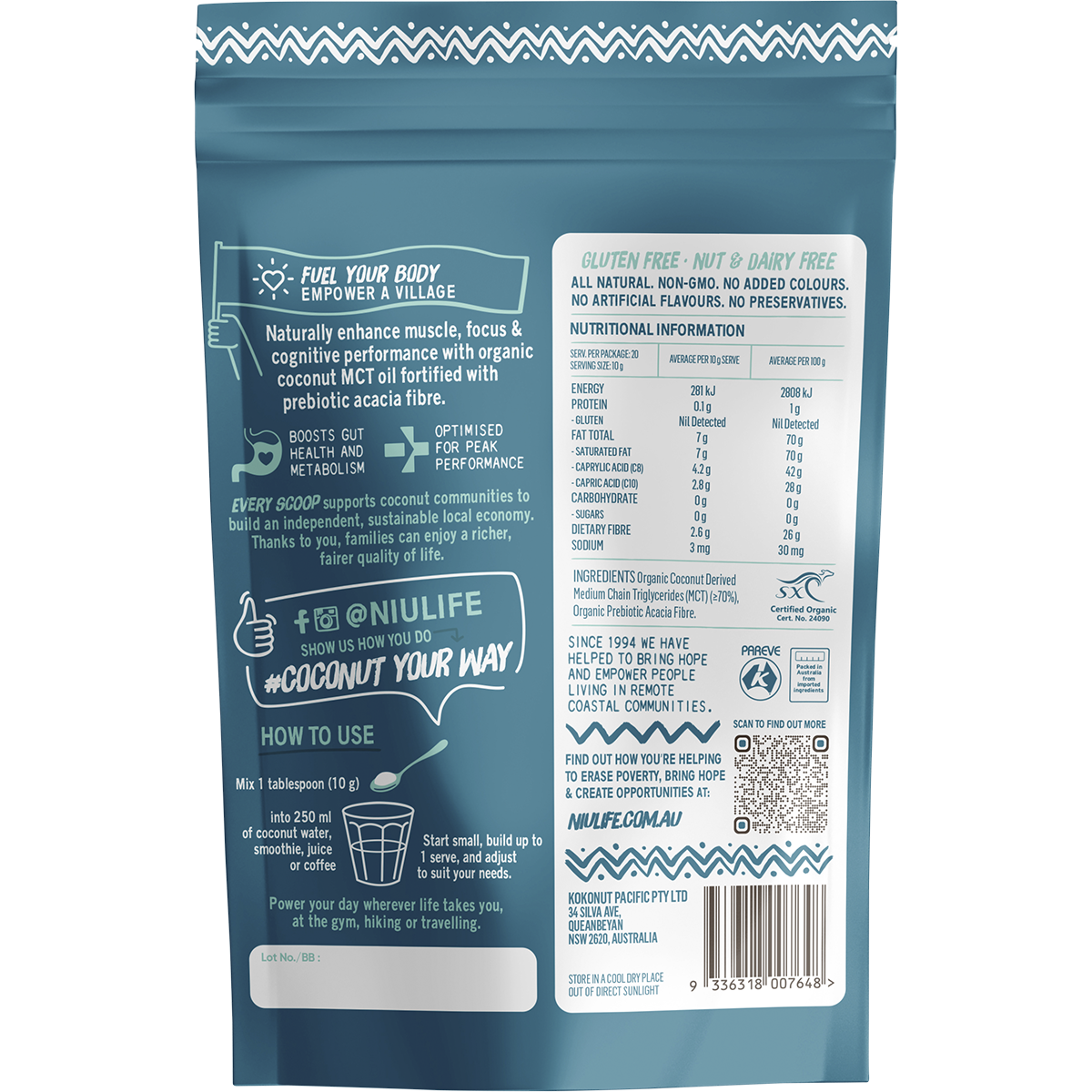 Back of Niulife MCT Oil Powder tub showing nutritional information and ingredients on a white background.