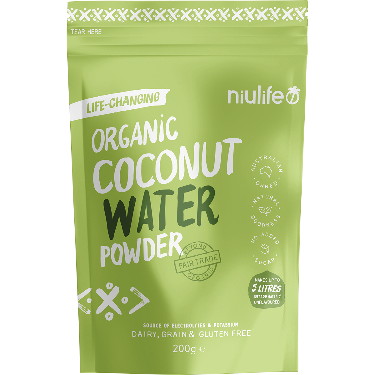200g bag of Niulife Organic Coconut Water Powder with a green label featuring a split coconut and palm leaves.