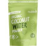 200g bag of Niulife Organic Coconut Water Powder with a green label featuring a split coconut and palm leaves.