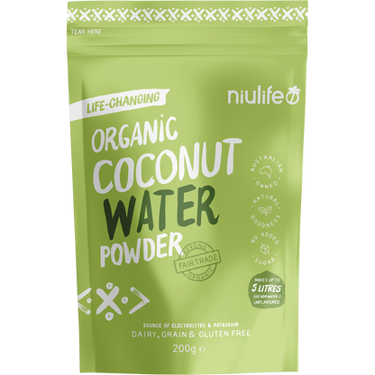 200g bag of Niulife Organic Coconut Water Powder with a green label featuring a split coconut and palm leaves.