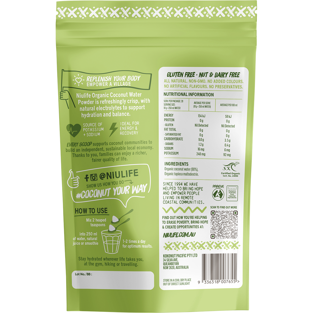 Back of Niulife Organic Coconut Water Powder bag showing nutritional information and directions for use.