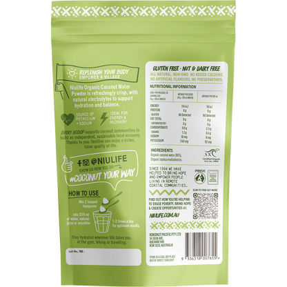 Back of Niulife Organic Coconut Water Powder bag showing nutritional information and directions for use.