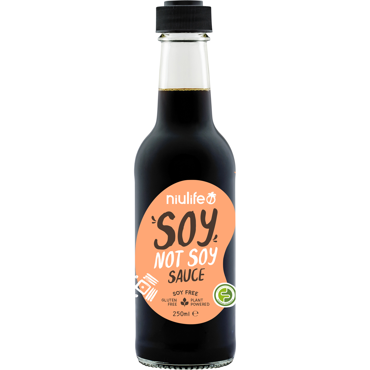 Six 250ml bottles of Niulife Soy Not Soy Sauce, a soy-free, coconut-based alternative, displayed on a white background.