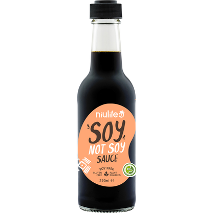 Six 250ml bottles of Niulife Soy Not Soy Sauce, a soy-free, coconut-based alternative, displayed on a white background.