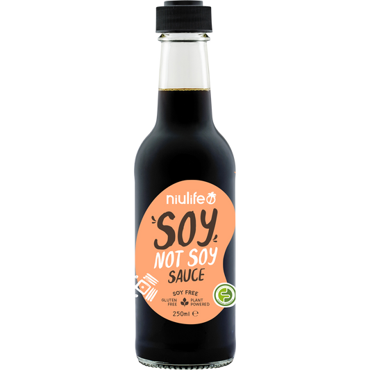 Six 250ml bottles of Niulife Soy Not Soy Sauce, a soy-free, coconut-based alternative, displayed on a white background.