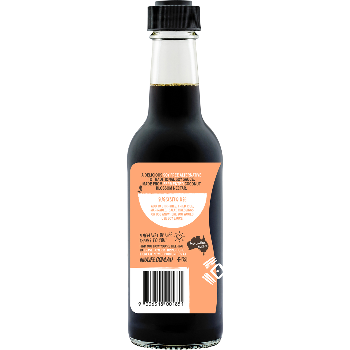 Niulife Soy Not Soy Sauce 250ml bottle shown from a left angle on a white background.