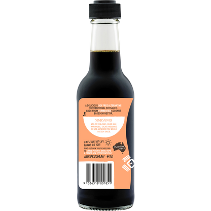 Niulife Soy Not Soy Sauce 250ml bottle shown from a left angle on a white background.