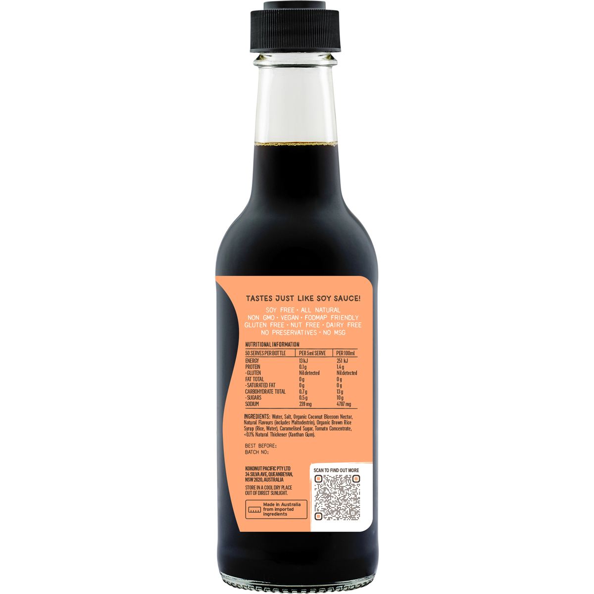 Right side view of a Niulife Soy Not Soy Sauce 250ml bottle showing product info and a soy-free label.