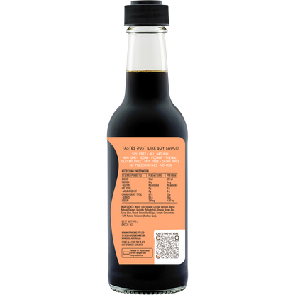 Right side view of a Niulife Soy Not Soy Sauce 250ml bottle showing product info and a soy-free label.