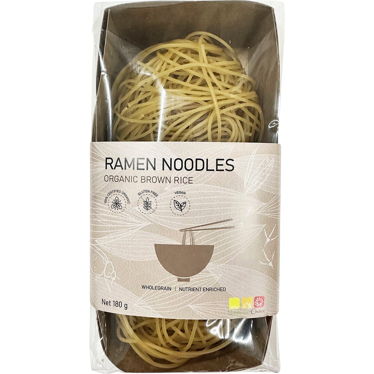 Nutritionist Choice 180g pack of organic brown rice ramen noodles with a green label and product illustrations.