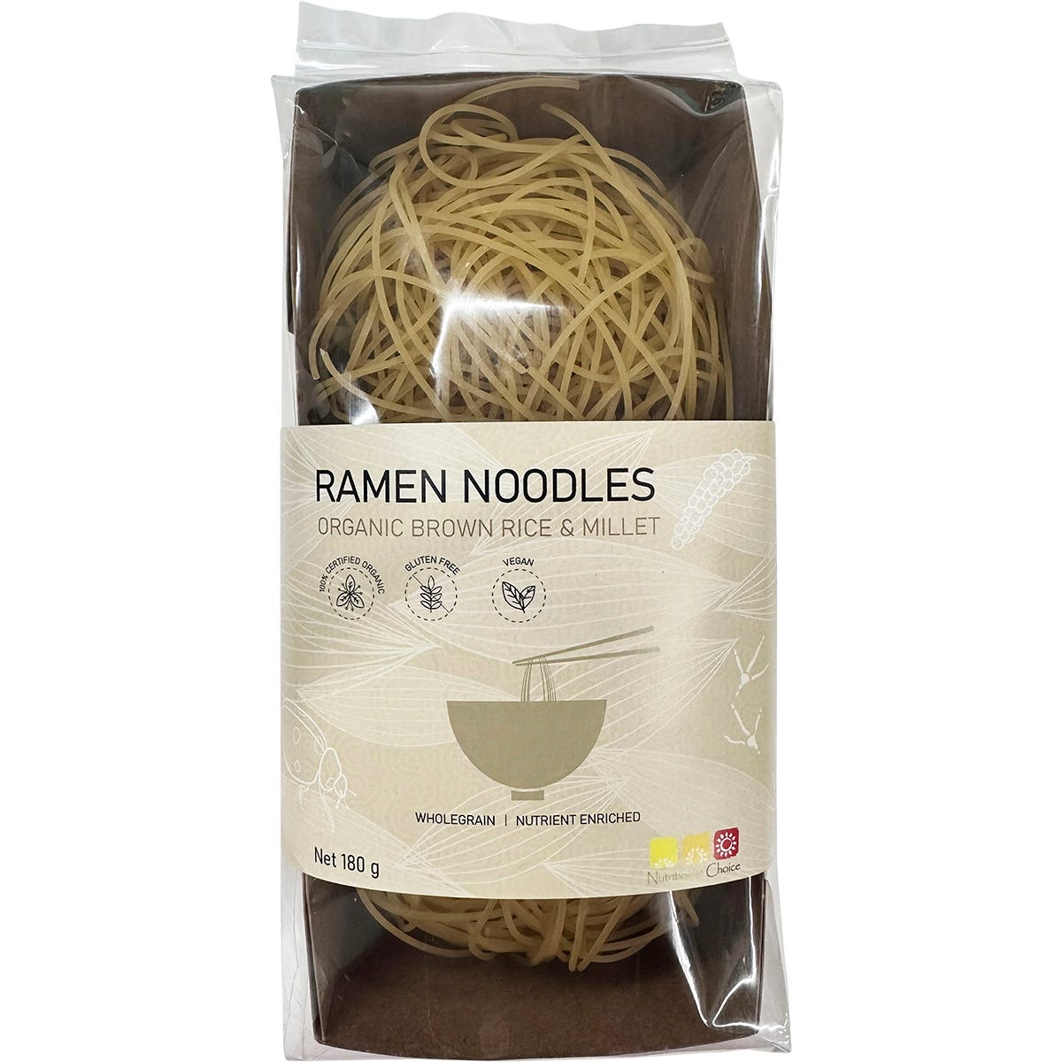 180g pack of Nutritionist Choice Organic Brown Rice and Millet Ramen Noodles on a white background.
