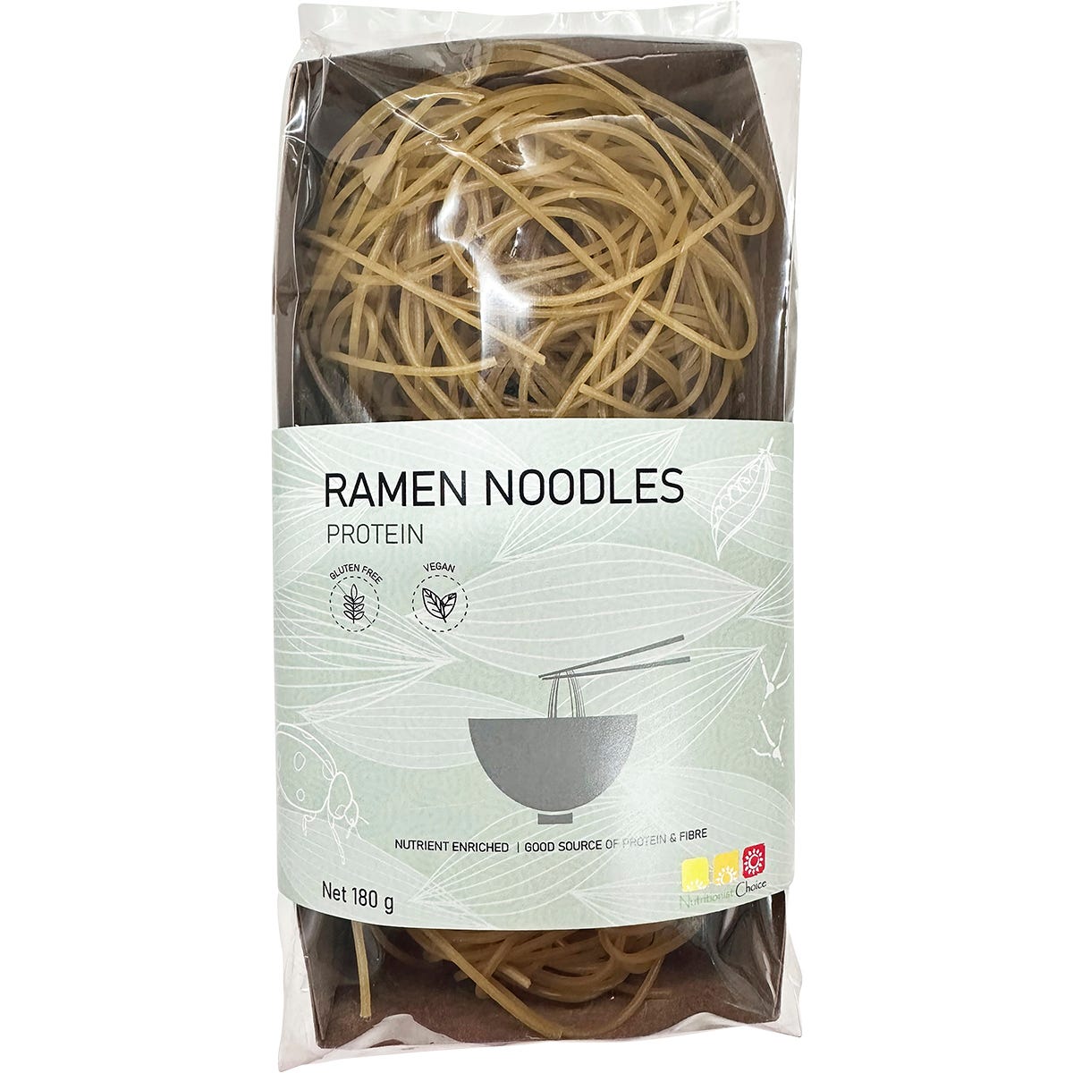 Nutritionist Choice Protein Ramen Noodles 180g pack featuring a green and brown label with organic ingredient illustrations.