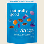 Blue package of 'naturally good' mylk partyz with colorful mylk balls on a beige background.