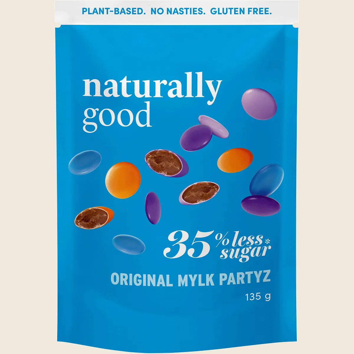 Blue package of 'naturally good' mylk partyz with colorful mylk balls on a beige background.