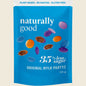 Blue package of 'naturally good' mylk partyz with colorful mylk balls on a beige background.