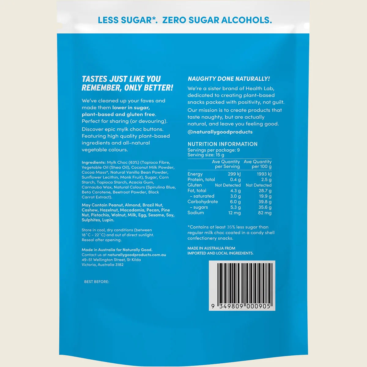 Back of a blue package with text and nutrition information on a beige background