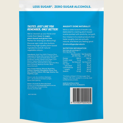 Back of a blue package with text and nutrition information on a beige background