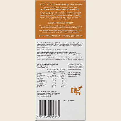 Back of Naturally Good Gooey Caramel Chocolate Block packaging with nutritional facts and ingredients.