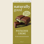 Naturally Good 100g chocolate block with a gooey pistachio creme filling and 85% less sugar.