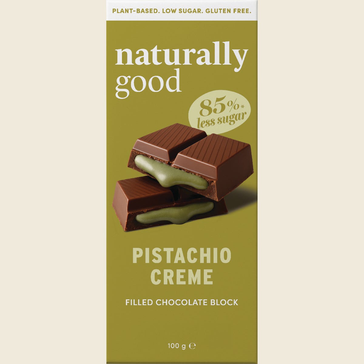 Naturally Good 100g chocolate block with a gooey pistachio creme filling and 85% less sugar.