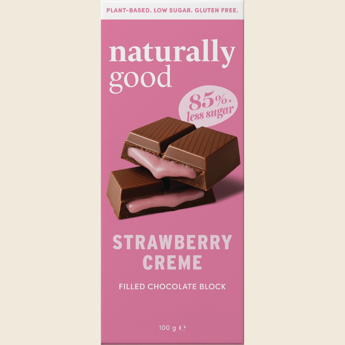 Naturally Good Strawberry Creme Filled Chocolate Block 100g on a white background.
