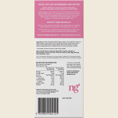 Back of a Naturally Good Strawberry Creme Filled Chocolate Block 100g showing ingredients and nutrition information.