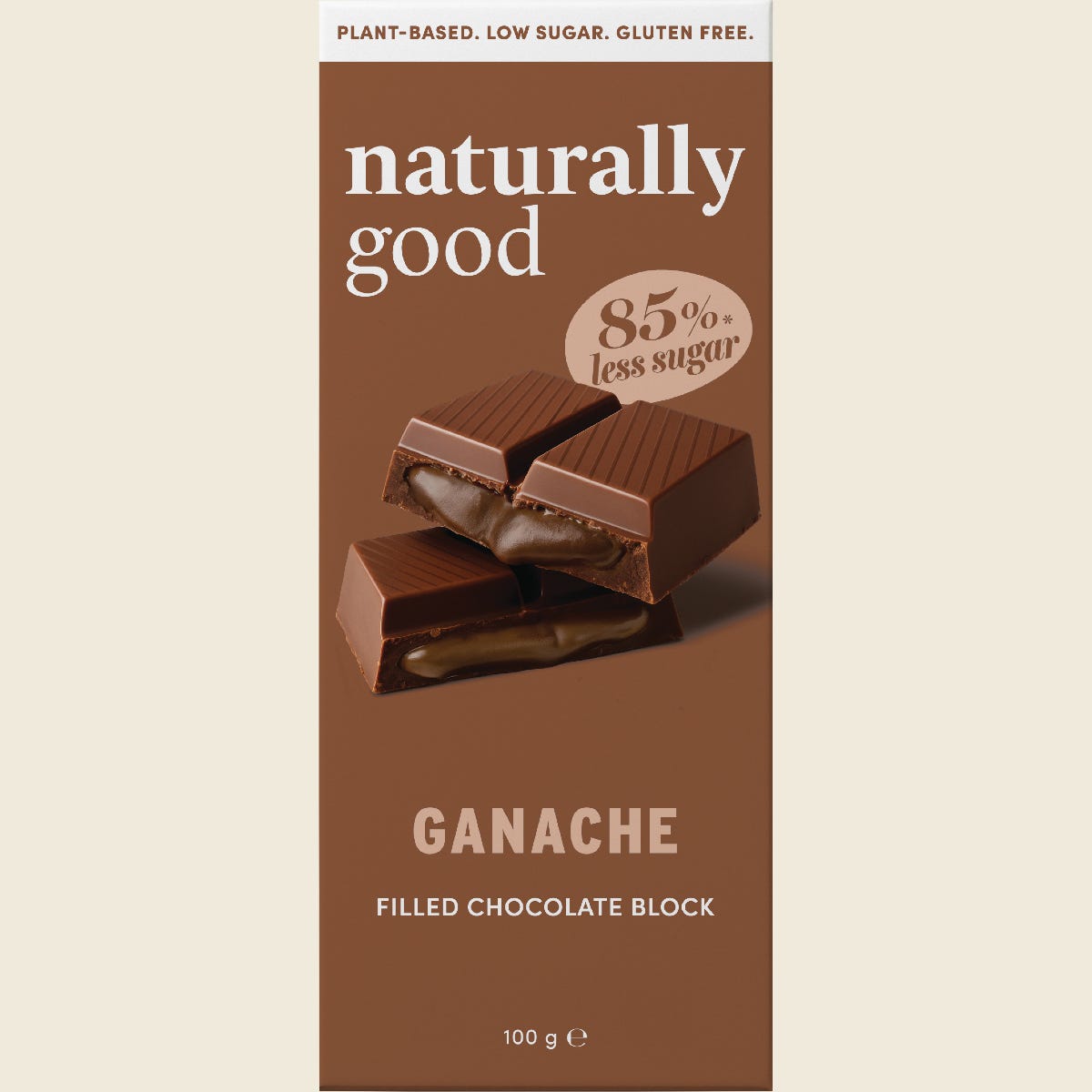 Naturally Good Ganache Filled Chocolate Block 100g on a white background with 85% less sugar and vegan logos.
