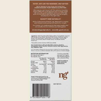 Back of Naturally Good Ganache Filled Chocolate 100g pack showing ingredients and nutritional information.