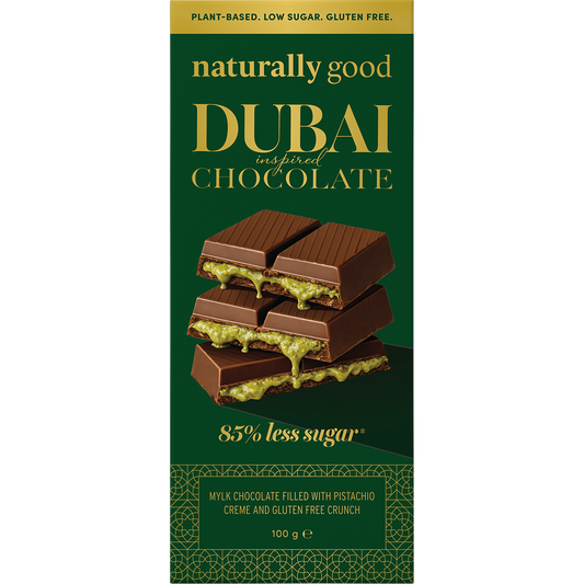 Naturally Good Dubai Inspired Chocolate Block 100g pack with a green pistachio and gold design on a white background.