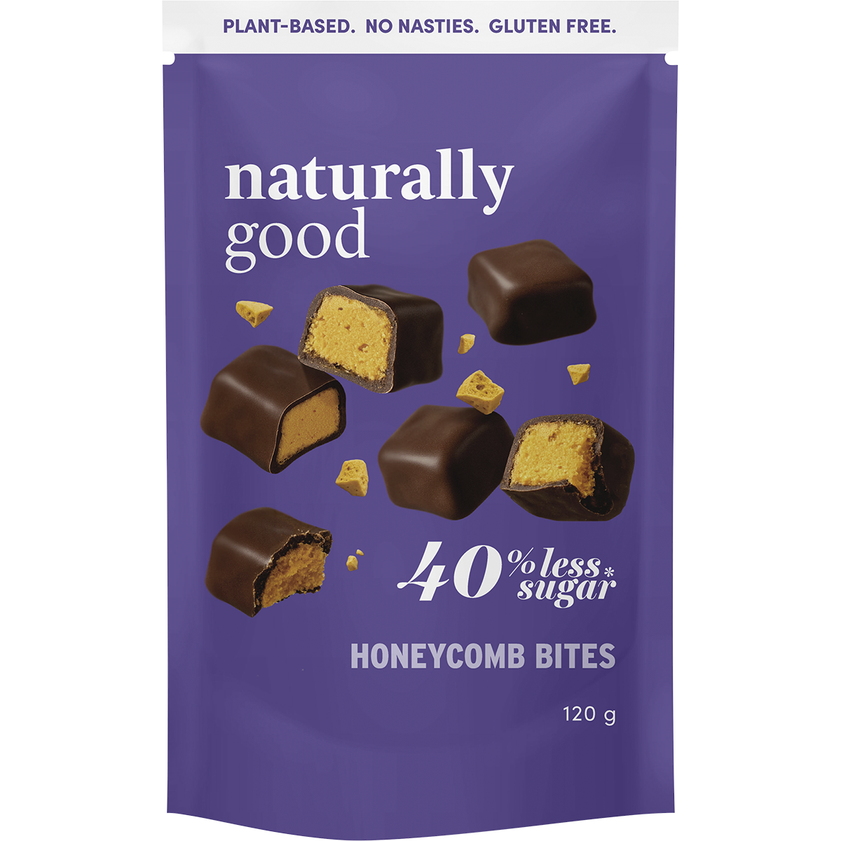 Naturally Good Choc Honeycomb Bites 120g bag featuring golden honeycomb pieces coated in smooth plant-based chocolate.