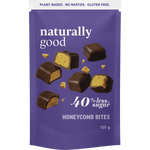 Naturally Good Choc Honeycomb Bites 120g bag featuring golden honeycomb pieces coated in smooth plant-based chocolate.